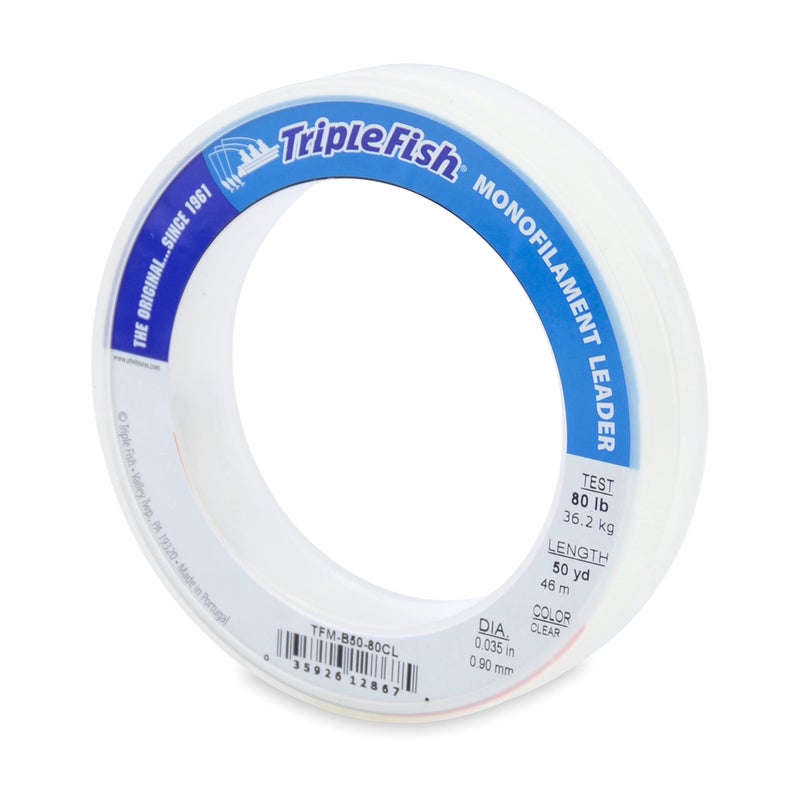 Triple Fish Monofilament Leader, 80 lb / 36.2 kg Test, .035 in / 0.90 mm Dia, Clear, 50 yd / 46 m - Image 1